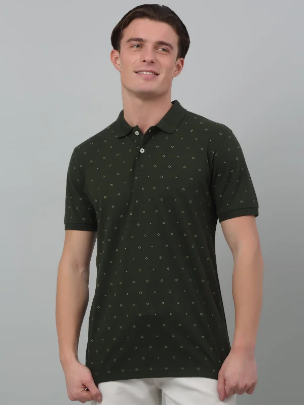 Men’s casual chevron top-Men's Green All over print Polo neck Half Sleeve T-Shirt