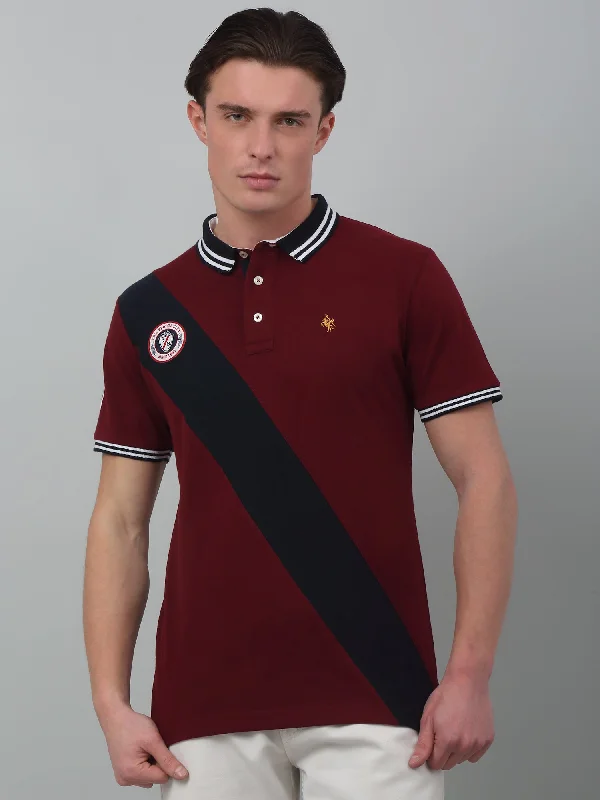 Men’s comfy henley top-Men's Maroon  Polo neck Half Sleeve T-Shirt with Diagonal color block at front