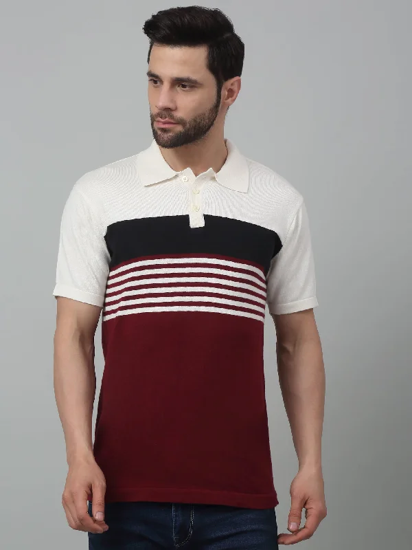 Men’s slim-fit raglan top-Men's Maroon Color block Stripe Polo neck Half Sleeve Flatknit T-Shirt