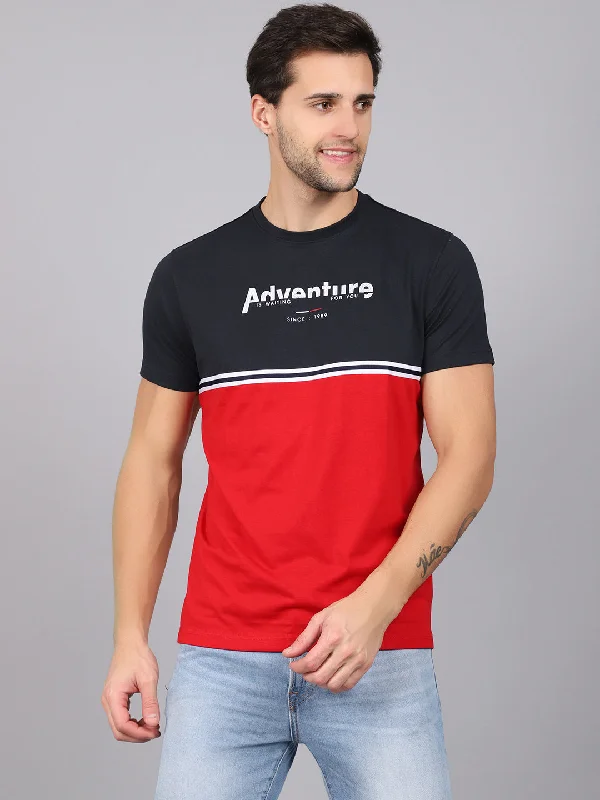 Men’s trendy distressed tee-Men's Red Color block Round neck Half Sleeve T-Shirt with Print