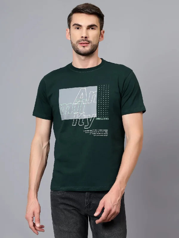 Men’s durable modal shirt-Men's Dark Green Printed Round Neck Half Sleeve T-shirt