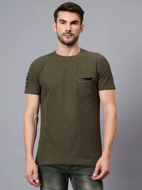 Men’s relaxed henley short-sleeve shirt-Men's Green Solid Round Neck Half Sleeve T-shirt