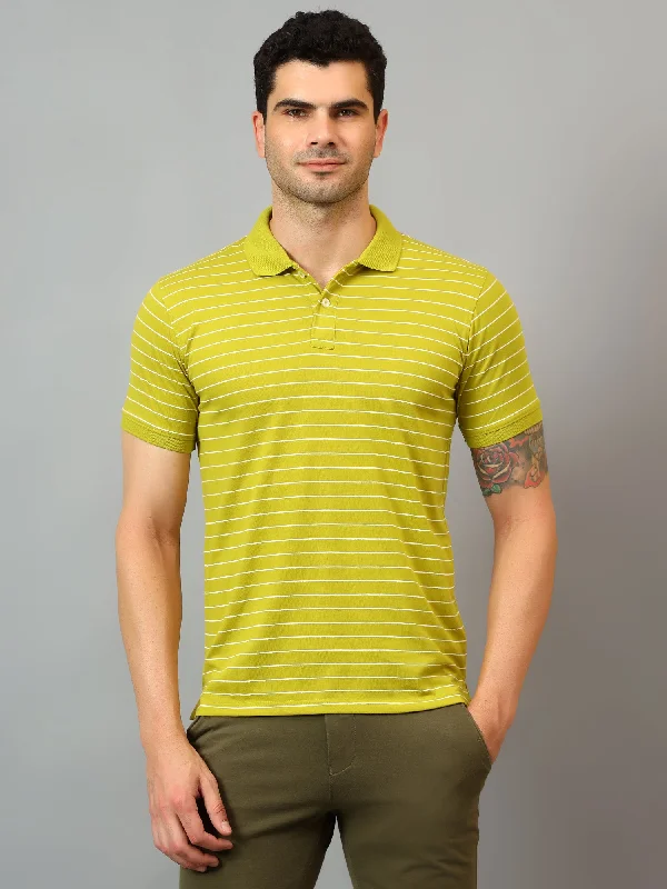 Men’s durable pique top-Men's Lime Green Stripe Polo neck Half Sleeve T-Shirt