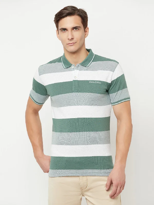 Men’s casual raglan shirt-Men's Green Stripe Polo neck Half Sleeve T-Shirt