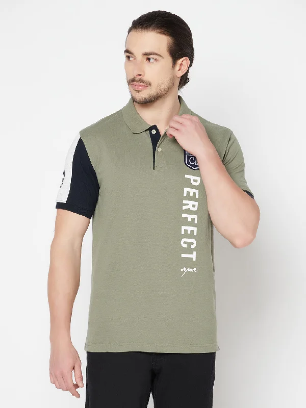 Men’s breathable modal top-Men's Olive Green Polo neck Half Sleeve T-Shirt with Print & vertical color block on sleeve