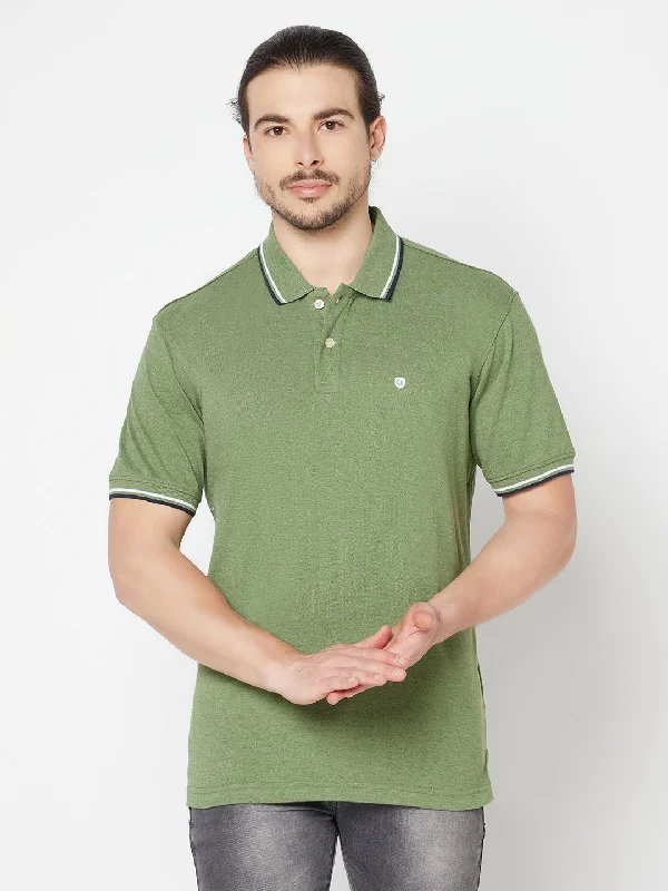 Men’s stylish henley top-Men's Green Melange Polo neck Half Sleeve T-Shirt