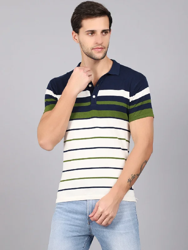 Men’s slim-fit raglan top-Men's Green Placement Stripe Polo neck Half Sleeve Flatknit T-Shirt