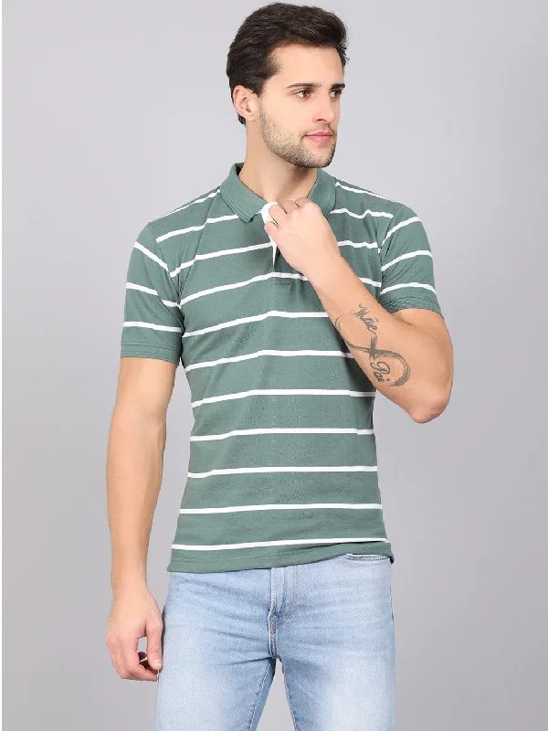 Men’s soft slub short-sleeve top-Men's Green Stripe Polo neck Half Sleeve T-Shirt