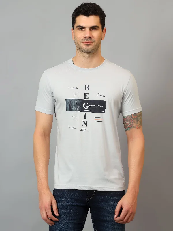 Men’s durable modal shirt-Men's Light Grey Round neck Half Sleeve T-Shirt with Typographic print