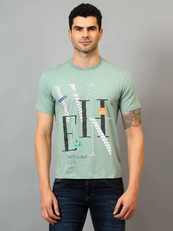 Men’s casual tribal top-Men's Light Green Round neck Half Sleeve T-Shirt with Typographic print