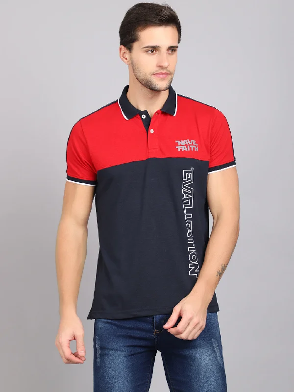 Men’s comfy henley top-Men's Red Color block Polo neck Half Sleeve T-Shirt with print & tape detail on shoulder