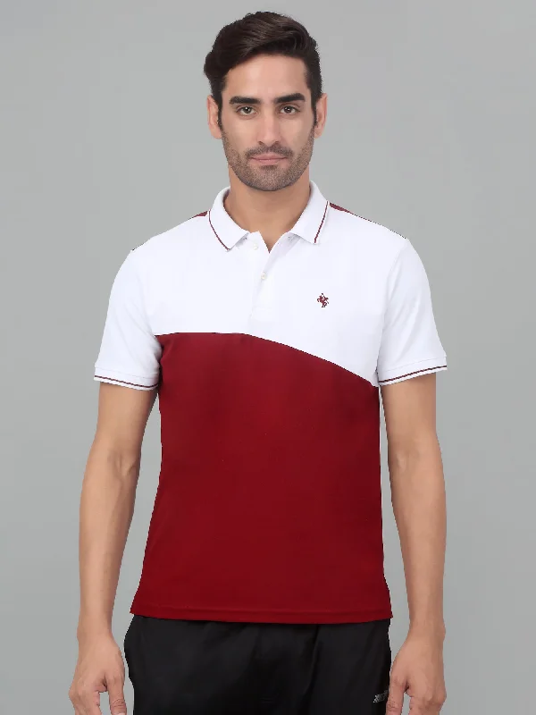 Men’s durable marled shirt-Men's Maroon Color block Polo neck Half Sleeve T-Shirt with contrast cut and sew