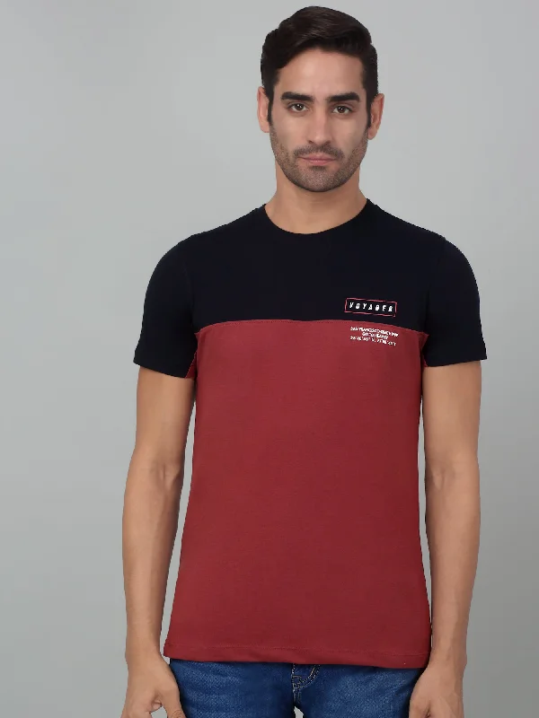 Men’s bright heathered shirt-Men's Maroon Color block Round neck Half Sleeve T-Shirt with chest print