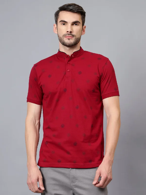 Men’s durable dri-fit top-Men's Maroon Printed Mandarin Collar Half Sleeve T-shirt