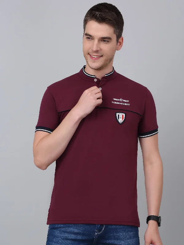 Men’s bright supima top-Men's Maroon Printed Mandarin Collar T-shirt