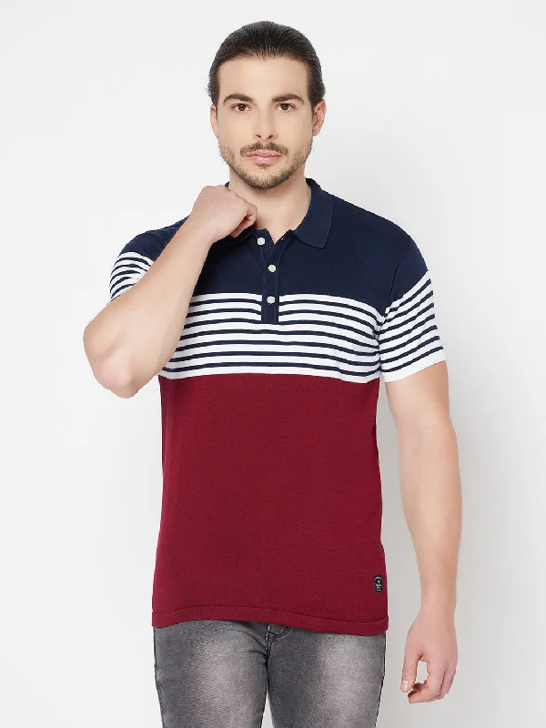 Men’s breathable slub top-Men's Maroon Placement Stripe Polo neck Half Sleeve Flatknit T-Shirt