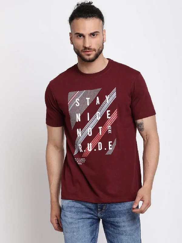 Men’s slim-fit slub shirt-Men's Maroon  Round neck Half Sleeve T-Shirt with Print