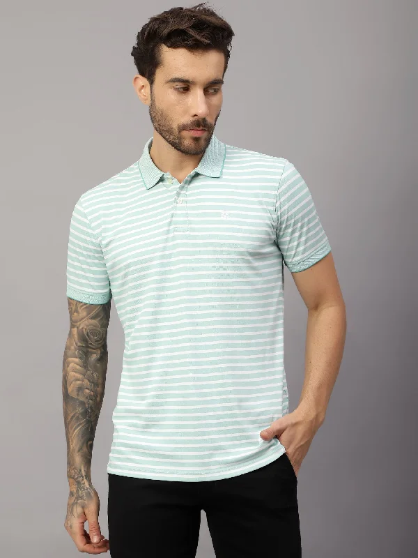 Men’s lightweight modal tee-Men's Mint Green Stripe Polo neck Half Sleeve T-Shirt