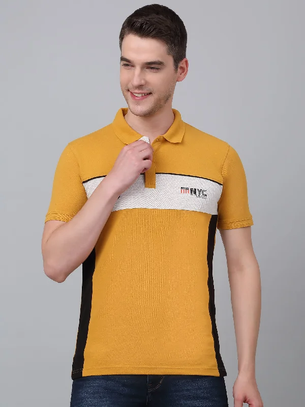 Men’s casual tribal top-Men's Mustard Color Block Polo Neck T-shirt