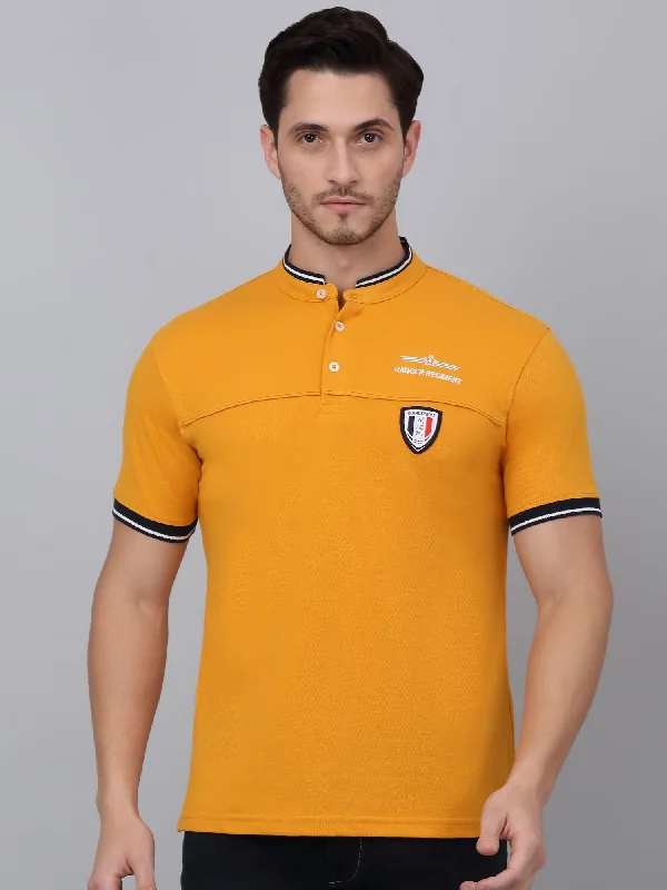 Men’s comfy slub tee-Men's Mustard Printed Mandarin Collar T-shirt