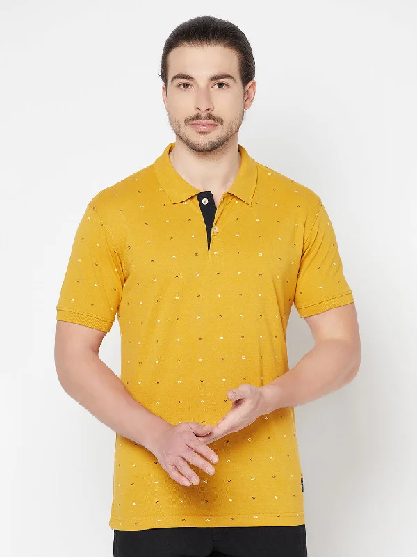 Men’s relaxed marled top-Men's Mustard All over print Polo neck Half Sleeve T-Shirt