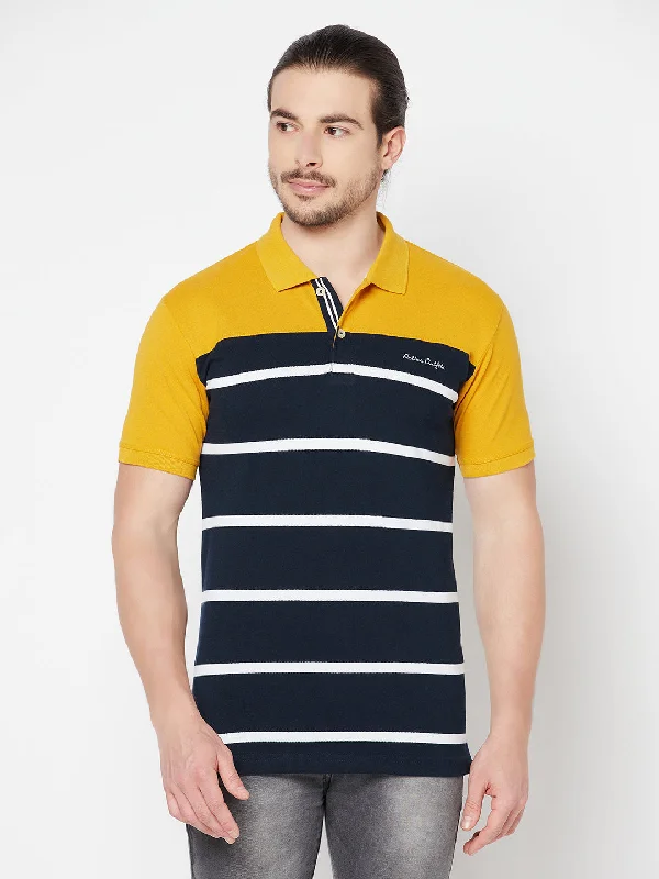 Men’s stylish distressed top-Men's Mustard Stripe Polo neck Half Sleeve T-Shirt