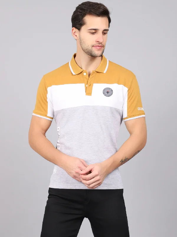 Men’s trendy henley tee-Men's Mustard Color block Polo neck Half Sleeve T-Shirt with Print