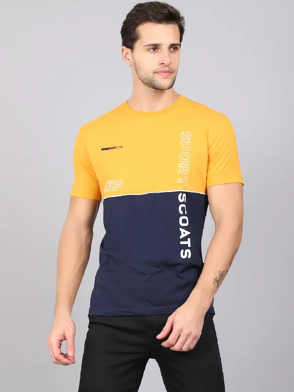 Men’s bold raglan tee-Men's Mustard Color block Round neck Half Sleeve T-Shirt with Print