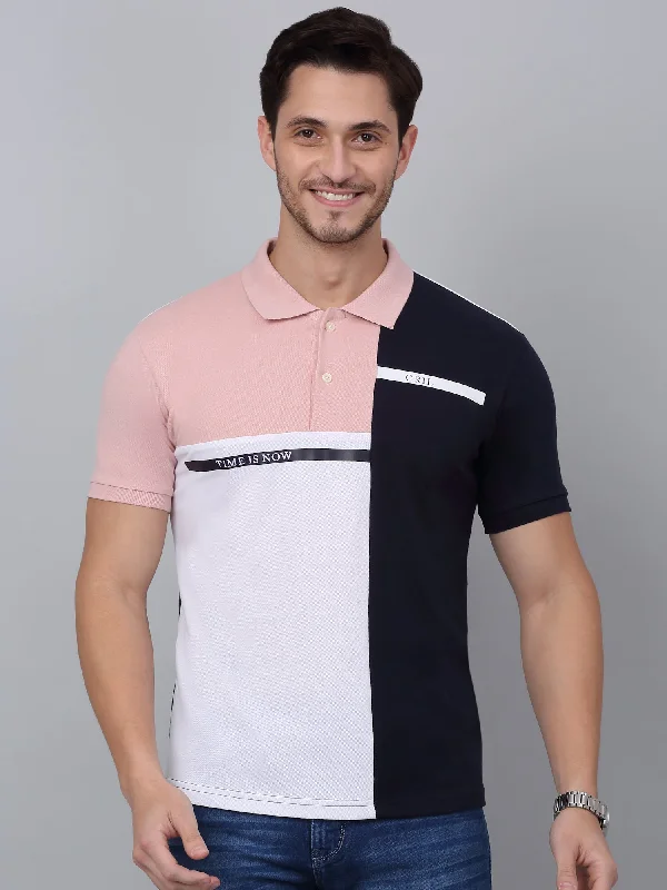 Men’s breathable mercerized tee-Men's Navy Blue Color Block Polo Neck T-shirt