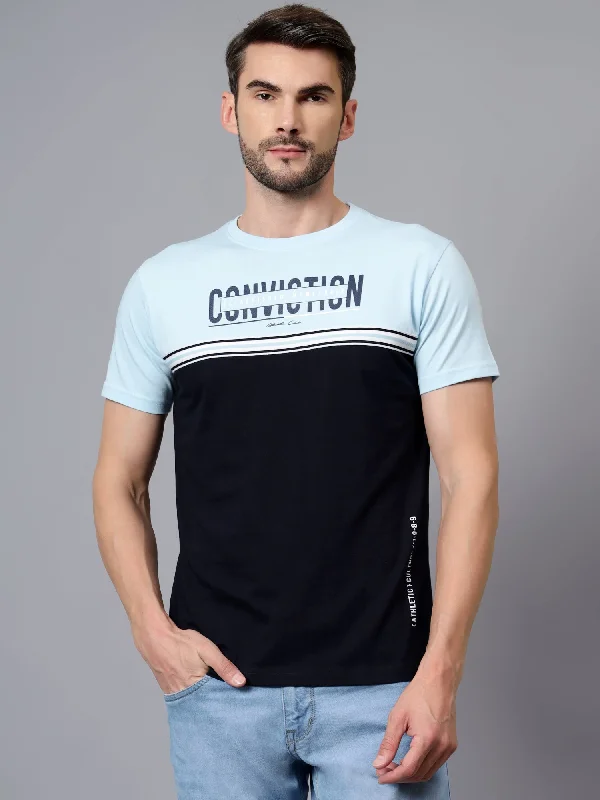 Men’s bold mercerized tee-Men's Navy Blue Color Blocked Round Neck Half Sleeve T-shirt