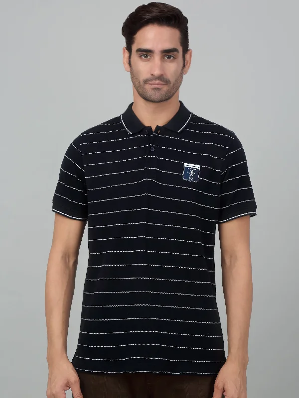 Men’s stylish supima tee-Men's Navy Blue Stripe Polo neck Half Sleeve T-Shirt