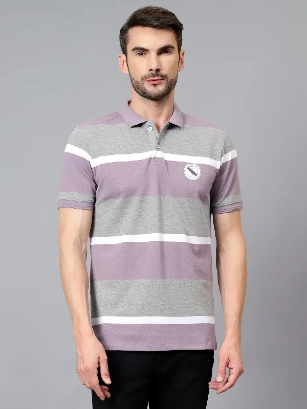 Men’s relaxed marled top-Men's Purple Striped Polo Neck Half Sleeve T-shirt