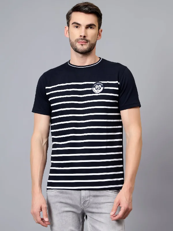 Men’s lightweight heathered top-Men's Navy Blue Striped Round Neck Half Sleeve T-shirt