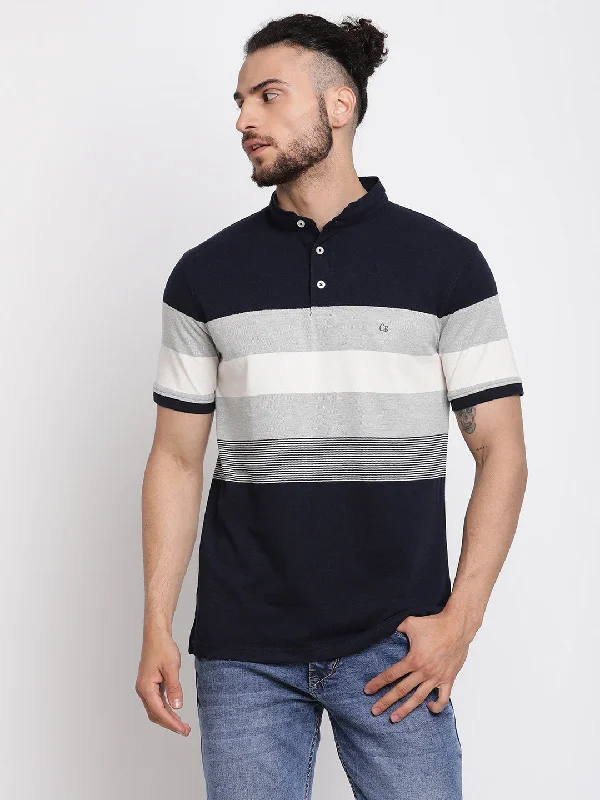 Men’s trendy raglan tee-Men's Navy Blue Stripe Mandarin neck Half Sleeve T-Shirt