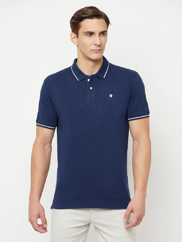 Men’s modern chevron tee-Men's Navy Blue Polo neck Half Sleeve T-Shirt