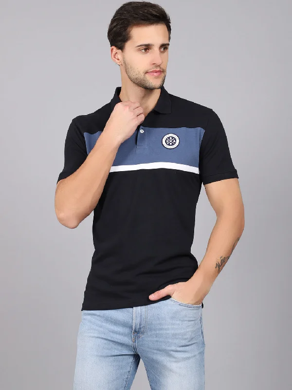 Men’s slim-fit distressed tee-Men's Navy Blue Color block Polo neck Half Sleeve T-Shirt