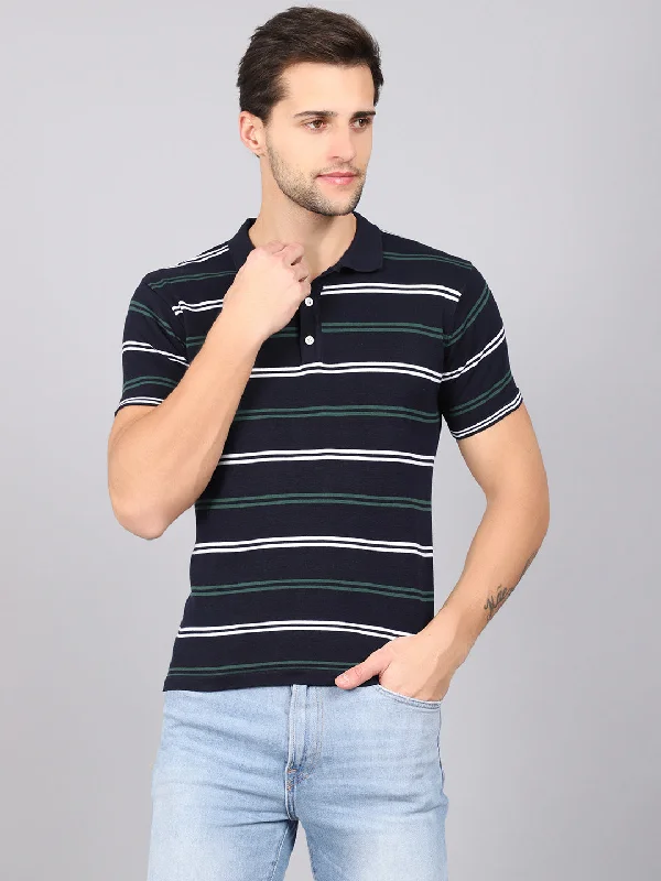 Men’s relaxed henley short-sleeve shirt-Men's Navy Blue Stripe Polo neck Half Sleeve Flatknit T-Shirt