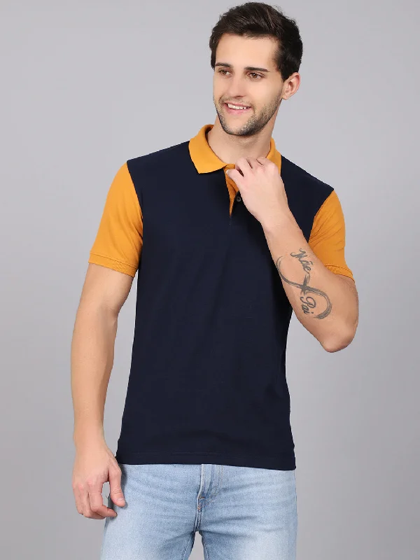 Men’s modern chevron short-sleeve tee-Men's Navy Blue Polo neck Half Sleeve T-Shirt with contrast sleeves