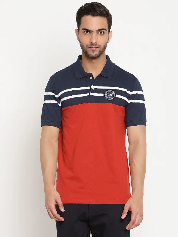 Men’s bright modal top-Men's Navy Blue Color block Polo neck Half Sleeve T-Shirt