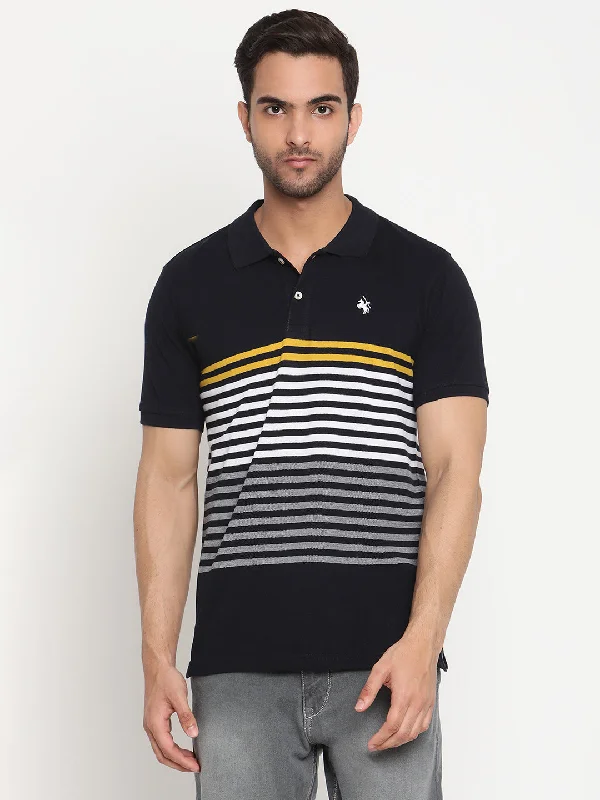 Men’s slim-fit ombre shirt-Men's Navy Blue Stripe Polo neck Half Sleeve T-Shirt