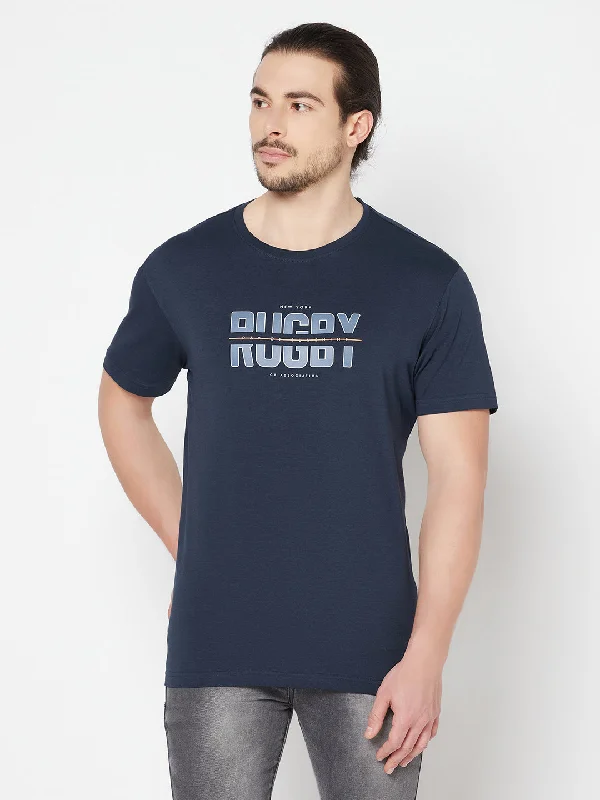 Men’s bright heathered shirt-Men's Navy Blue Round neck Half Sleeve T-Shirt with Typographic print