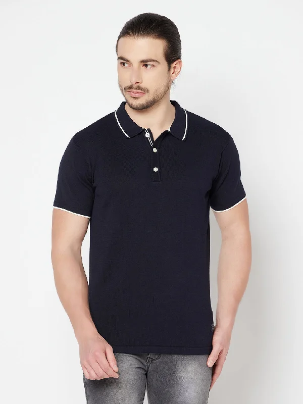 Men’s stylish henley top-Men's Navy Blue Polo neck Half Sleeve Flatknit T-Shirt