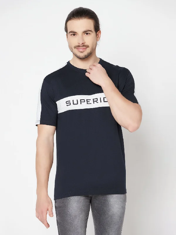 Men’s lightweight modal tee-Men's Navy Blue Color block Round neck Half Sleeve T-Shirt with Print & contrast shoulder insert