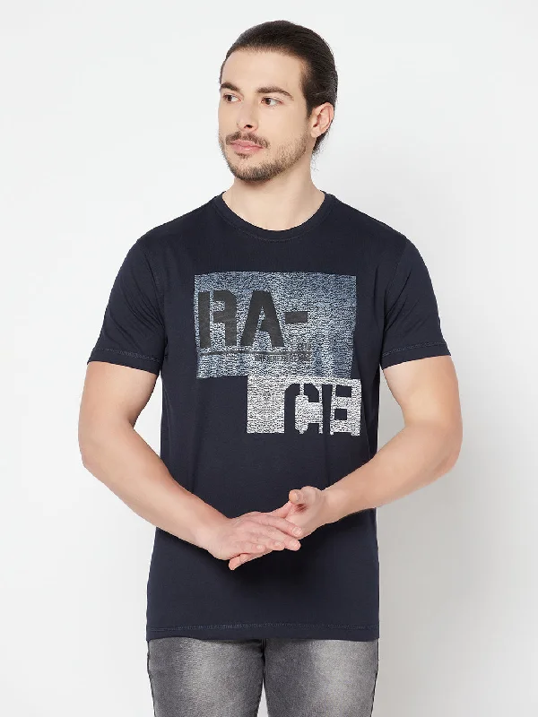 Men’s slim-fit distressed tee-Men's Navy Blue Round neck Half Sleeve T-Shirt with Print