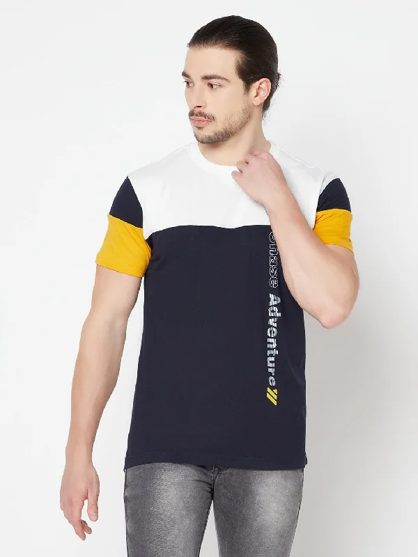 Men’s bright pique tee-Men's Navy Blue Color block Round neck Half Sleeve T-Shirt with Print