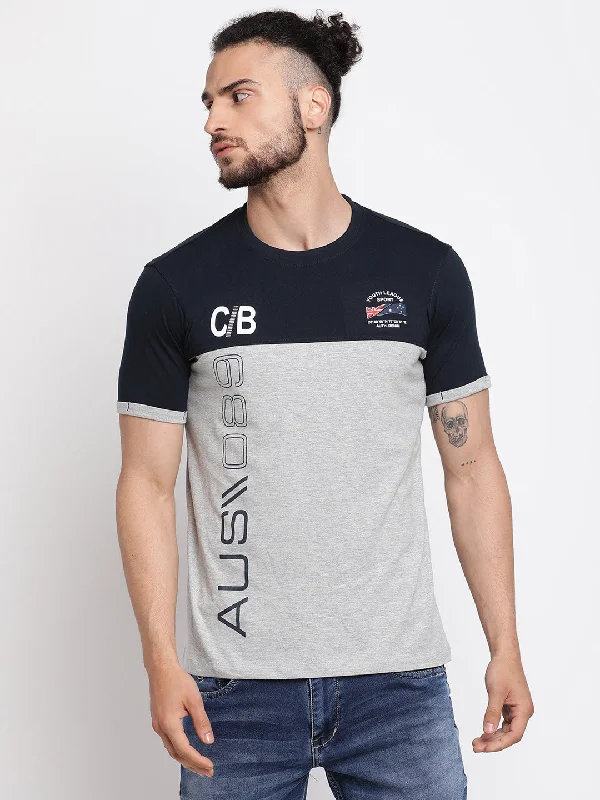 Men’s durable pique top-Men's Navy Blue Round neck Half Sleeve T-Shirt with Print