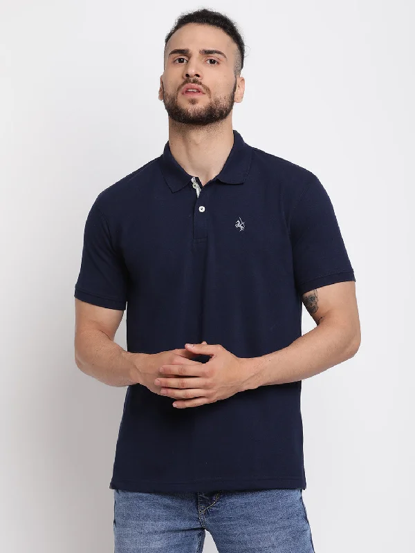 Men’s slim-fit raglan top-Men's Navy Blue Polo neck Half Sleeve T-Shirt