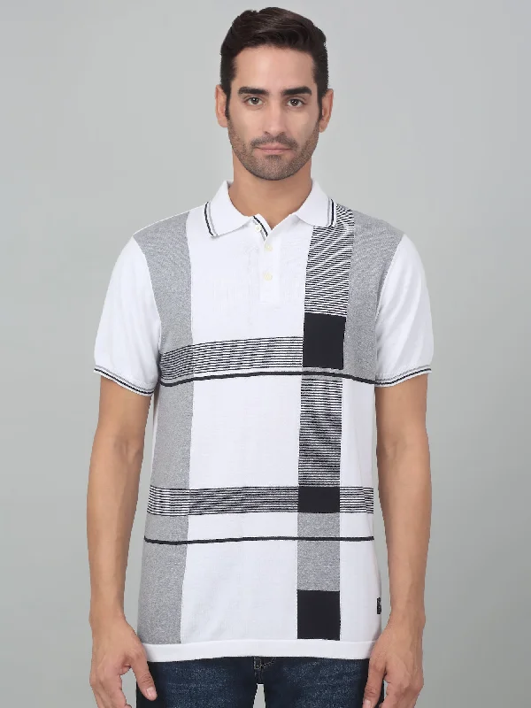 Men’s comfy henley top-Men's Offwhite Check Polo neck Half Sleeve T-Shirt