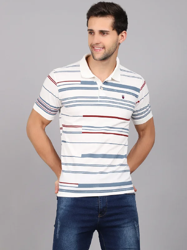 Men’s soft polka-dot top-Men's Offwhite Stripe Polo neck Half Sleeve T-Shirt