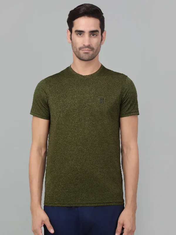 Men’s lightweight tribal shirt-Men's Olive Green Melange Round neck Half Sleeve T-Shirt with chest print